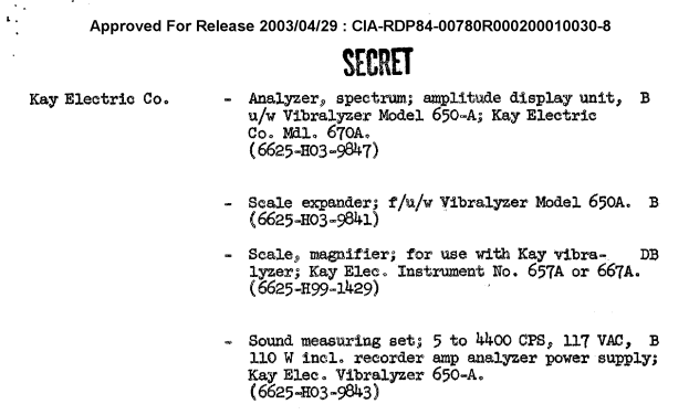 Excerpt from CIA document "Standard Communications Equipment List" classified SECRET, but approved for release on 2003/04/29.