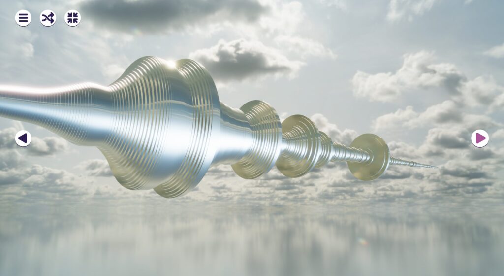 Screenshot from the Vibralizer music visualizer showing metallic discs showing the FFT of a sound.