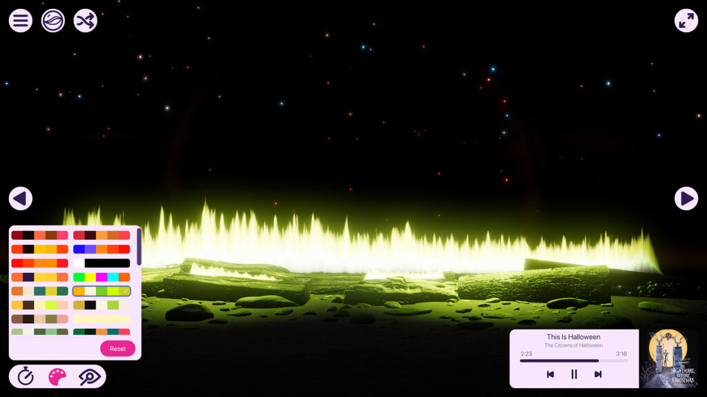 A color palette picker open in the lower left, its grid of swatches recoloring the scene behind it so the flames burn acid green and white above charred logs and rocky ground under a starry sky. The now playing panel in the lower right shows "This Is Halloween" by The Citizens of Halloween.