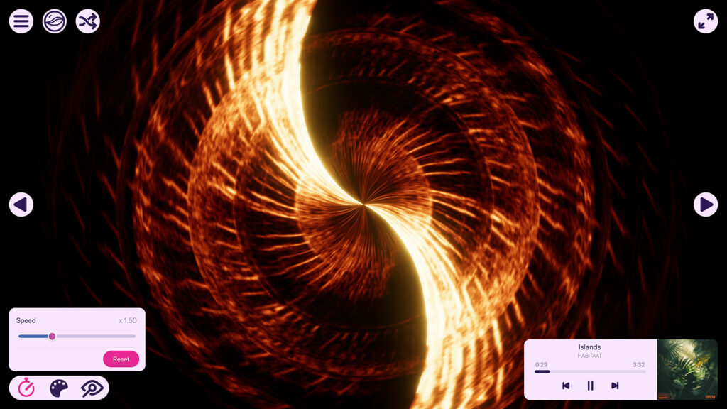 A swirling S-shaped spiral of fiery orange and white streaks radiating from a bright center on a black background. A speed slider set to 1.50x is open in the lower left, and a now playing panel in the lower right shows "Islands" by HABITAAT.