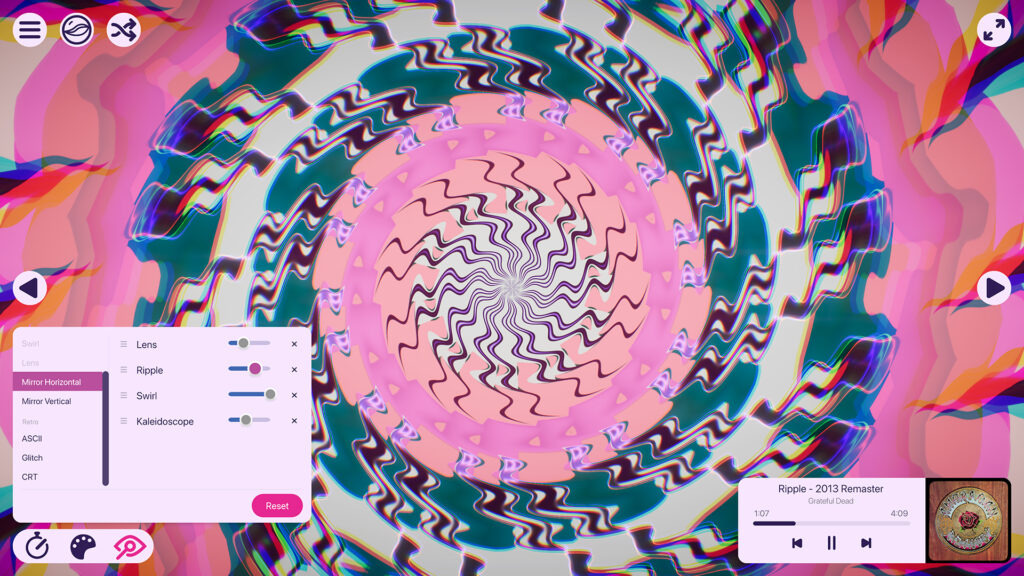 A scene transformed by a stack of visual effects into a pink, teal, and cream psychedelic pinwheel spiraling out from the center of the frame. The filters panel in the lower left shows Lens, Ripple, Swirl, and Kaleidoscope active with strength sliders, next to a list of further options including Mirror Horizontal, Mirror Vertical, ASCII, Glitch, and CRT. The now playing panel shows "Ripple - 2013 Remaster" by Grateful Dead.
