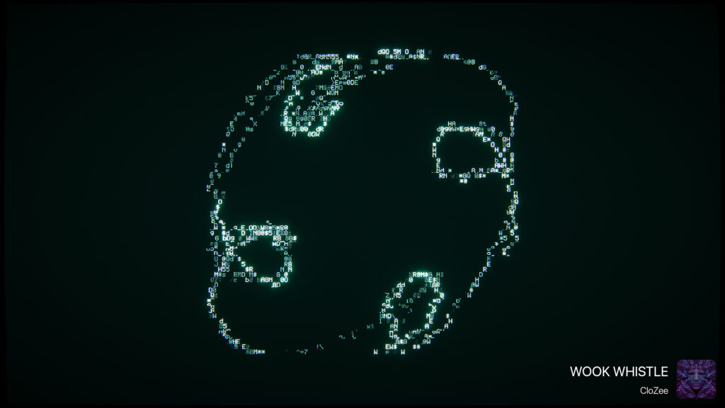 A large looping spiral drawn entirely out of glowing teal letters, numbers, and symbols on a nearly black background, with dense knots of characters clustered along its path. The track title "Wook Whistle" by CloZee and its album art appear in the lower right.