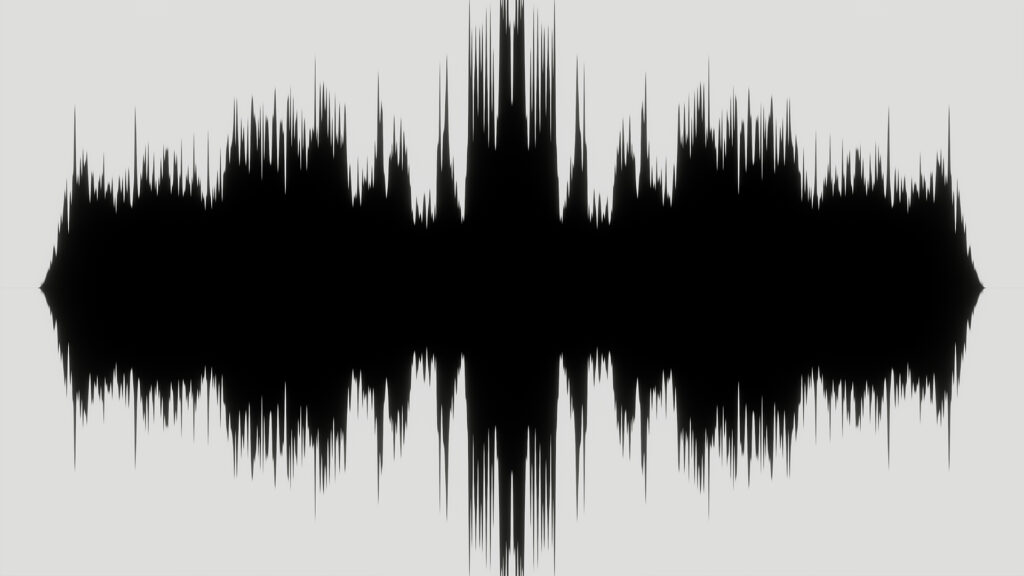 A tall black sound wave silhouette mirrored above and below the center line, spanning the full width of a plain off-white background.